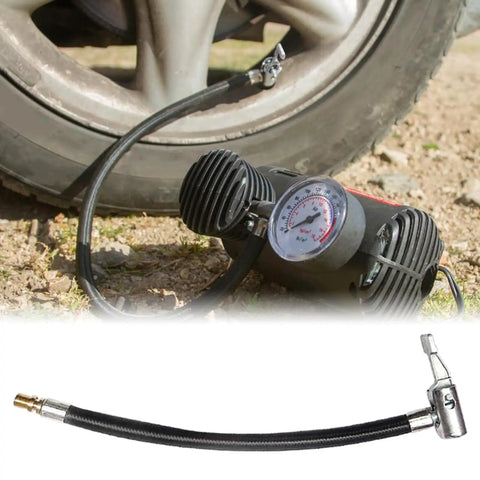 Badass 8 Inch Tire Inflator Hose Adapter Nylon Braided Extension Hose Locking Chuck Connector Quick Connect Pump Zero Leak Super Smooth Flow For All Cars Trucks Keeps Pressure Stable Your Road Trips, 8-inch hose with gauge on tire