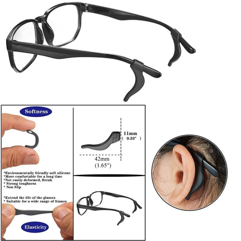 Silicone Eyeglasses Retainers 34 Pieces No Slip Comfort Ear Grip Hooks displayed on glasses with close-up details