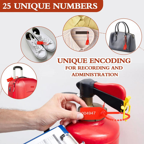 Fire Extinguisher Inspection Tags Kit With 2026 2029 Maintenance Plastic Tamper Seals on extinguisher and luggage