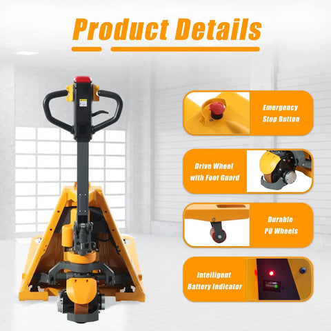 Heavy Duty Electric Pallet Jack Truck Delivering Killer Performance With Rock Solid 3300 Pound Capacity Plus Fast Charge Lithium Battery For No Sweat Material Handling showing emergency stop button and durable PU wheels.