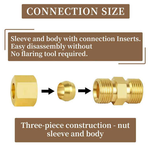 Brass Compression Tube Fitting One Quarter Inch To One Quarter Inch OD Ten Pack Twenty Four Degree Tapered Bore Sleeve Included Durable Plumbing Fittings Pro Grade Brass For DIY Installations, three-piece connection