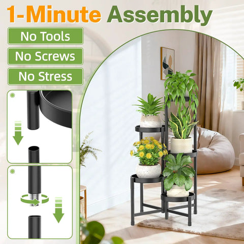 Premium 5 Tier Metal Corner Plant Stand For Indoor Outdoor Use, Adjustable Space Saving Corner Shelf, Quick Tool Free Assembly, Modern Black Finish, features no tool assembly with plants in pots.