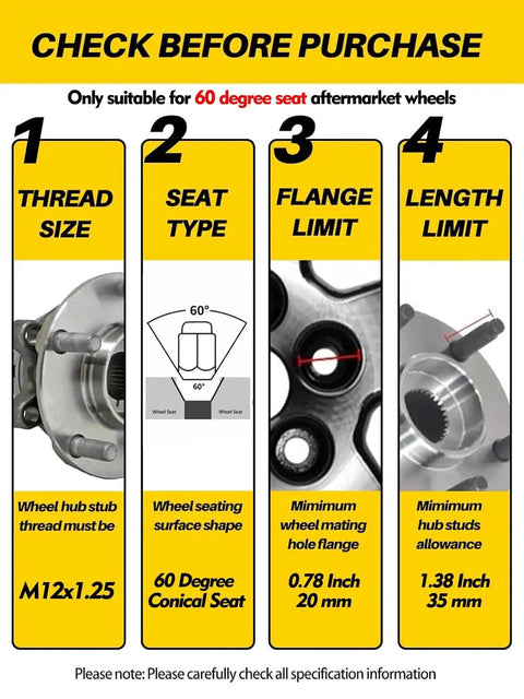 Infographic showing specifications for 24 Piece M12x1.25 Closed End Lug Nuts Set In Black For Nissan Titan Xterra Frontier Pickup And Infiniti QX4