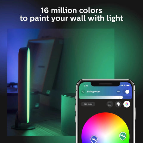 Smart Play Light Bar Base Kit For Immersive Gaming And TV Ambiance Dope White And Color Ambiance LED next to phone app
