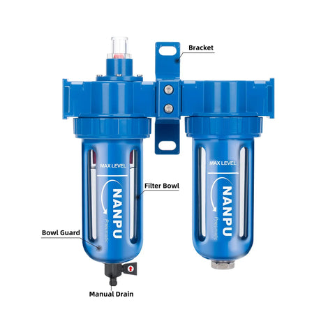 Pro Grade Coalescing Air Filter And Desiccant Dryer System With Poly Bowl, One Half Inch NPT, blue unit design, front view