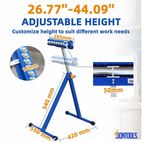 Knockout 3 In 1 Roller Stand For Woodworking Built With Swiveling Ball Casters And Heavy Duty Steel Supports, showing adjustable height from 26.77" to 44.09".