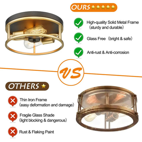 Comparison of Black And Gold Flush Mount Ceiling Light Fixture and a competing light showing frame and material differences