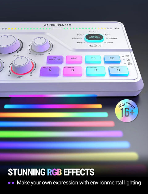 Top view of a gaming audio mixer with 7.1 surround sound, featuring volume knob, mute, and RGB effects, XLR mic interface visible.