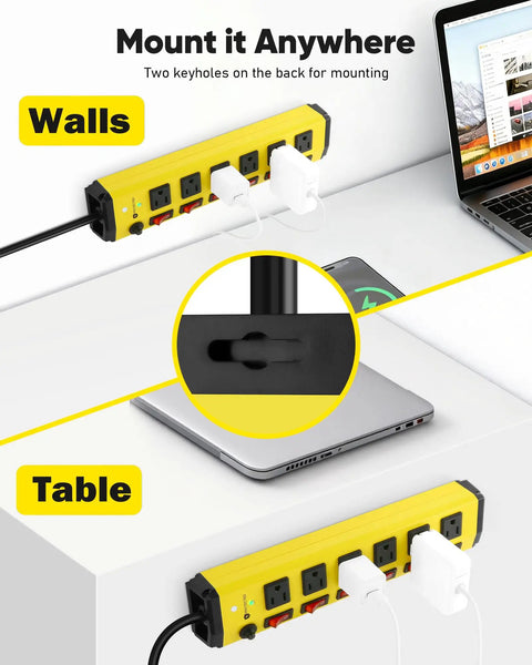 Heavy Duty Power Strip With Individual Switches Six Outlet Metal Workhorse Surge Protector shown mounted on wall and table.