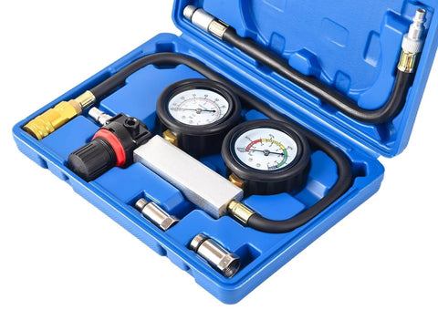 Cylinder leak-down tester kit with dual gauges in blue case; includes pressure regulator and spark plug adapters M10–M18