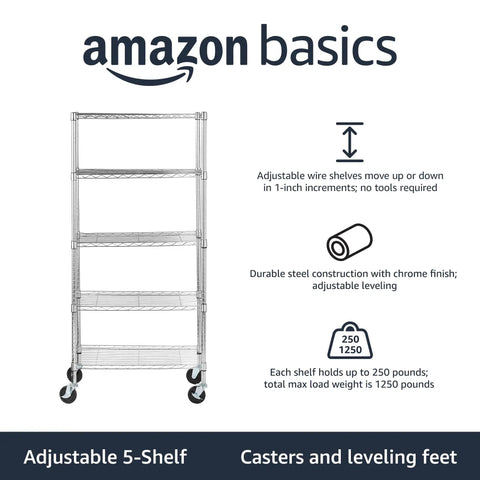Five Shelf Adjustable Wire Storage Rack Heavy Duty Shelving Unit With Mobile Casters Chrome Steel Build, showcasing a chrome wire construction.