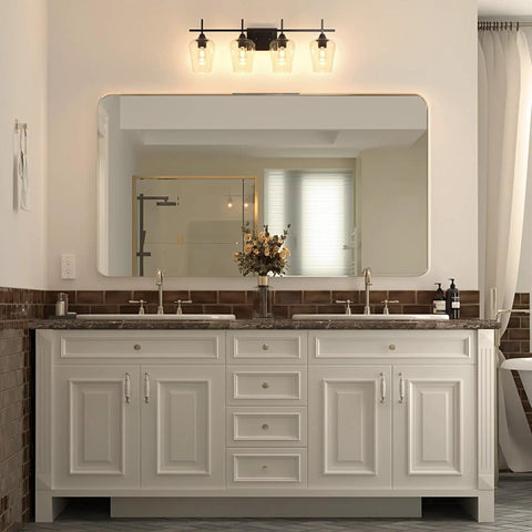 Bathroom with black finish 4 light vanity light fixture with clear glass shades over mirror wall lamp ideal for modern decor