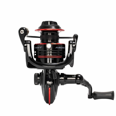 Front view of VC20BB Finesse 2000 Sized Spinning Reel with Dope Carbon Fiber Frame for Lightweight Strength and Cold Forged Aluminum Spool.