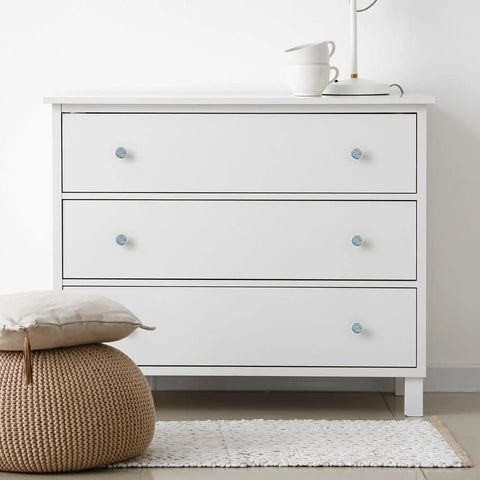 Four Pack Straight Up Stunning Marble Look Glass Cabinet Knobs With Light Blue Gold Texture Round Drawer Pulls For Kitchen Cupboards Dresser Doors A Total Vibe Upgrade on a white dresser.