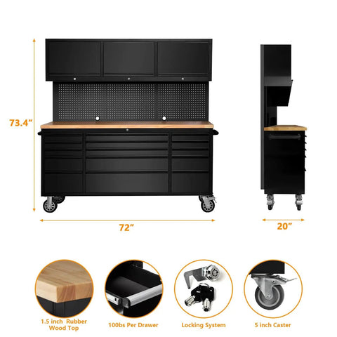 Hella Heavy Duty 72 Inch Rolling Tool Chest With 15 Drawers And Smooth Glide Wheels, Cold Rolled Steel Workshop Cabinet With Rubber Wood Top, Black Garage Storage Rack side view and detailed features.