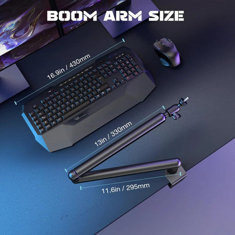 Overhead view of Low Profile Adjustable Microphone Boom Arm For Your Desk With Clamp Cable Management BM88 next to keyboard.