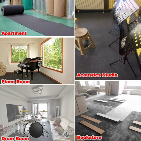 Rock Solid 11mm Acoustic Foam Mat Heavy Duty Sound Dampening Self Adhesive Floor Panel in various indoor settings including music rooms.