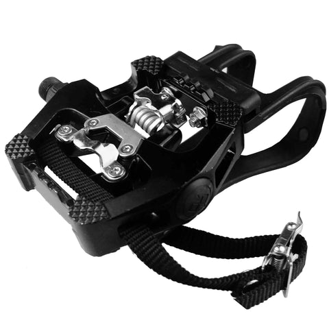 Dual Function SPD Bike Pedals With Toe Clip Straps Cage For 9/16 Inch Axle, Clipless On One Side And Platform On The Other