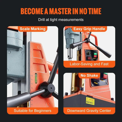 Heavy Duty 1550W Magnetic Drill Press With Two Inch Boring Diameter And Thirteen Thousand Newton Holding Force. Portable Variable Speed Electric Drilling Machine showing easy grip handle and scale marking.