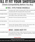 Compatibility chart for Rugged Shotgun Barrel Clamp Mount With Rubber Pads For 12 Gauge Guns, listing compatible models.