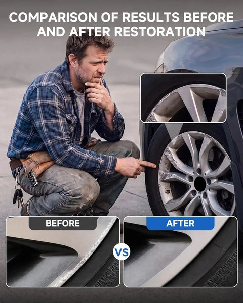 Premium Wheel Touchup Paint For Bmw Jet Black Alloy Rims before and after rim restoration comparison with a man inspecting.