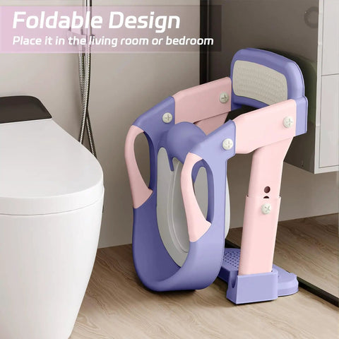 Game Changing 3-In-1 Toddler Potty Training Seat And Foldable Potty Chair With Step Stool, Adjustable Height For Little Champs, No Fuss Cleanup, Ultra Comfy Bathroom Helper Pink Purple in a compact foldable design.
