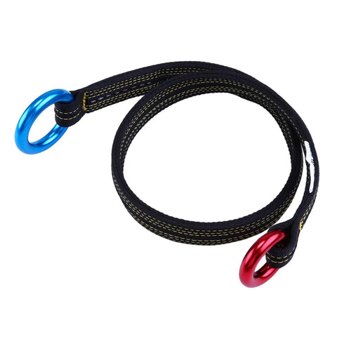 Pro Grade Arborist Friction Saver Tree Climbing Sling With Bomber Polyester Webbing And Lightweight Aluminum Carabiner, 110 cm length with blue and red rings.