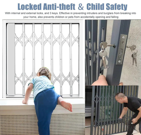 Heavy Duty Aluminum Window Security Bar With Foldable Push Pull Setup For Top Notch Indoor Outdoor Theft Prevention And Emergency Egress Built Like A Tank To Keep Your Place Dead Secure While Still Letting Sweet Fresh Air Flow Inside 24 By 40 Inches with child climbing on window sill.