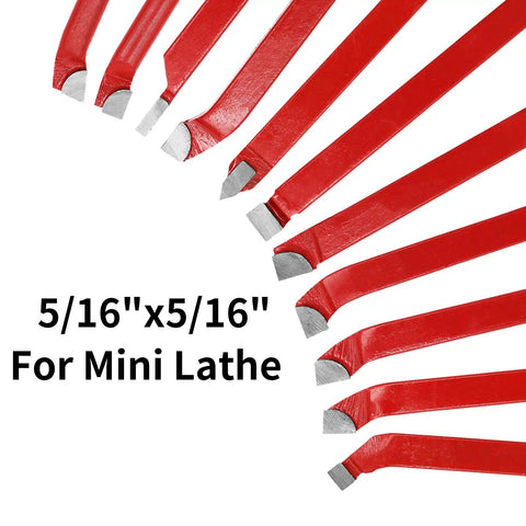 11 Piece Carbide Tipped Cutter Bit Set For Metalworking, 5/16 Inch Shank, shown with red handles for CNC lathes