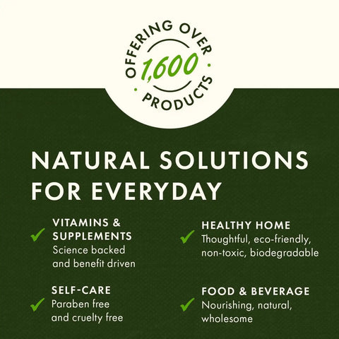 Infographic listing benefits of natural solutions, over 1600 products including vitamins, supplements, self-care, and food.