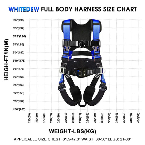 Heavy Duty Full Body Fall Protection Safety Harness With Shock Absorbing Lanyard And Super Comfy Ventilated Mesh Padding For No Sweat Daily Grind Plus Four Quick Release Buckles Blue size chart displaying height and weight measurements.