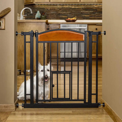 Walk Through Pet Gate With Cherry Wood Accents And Black Finish, Sturdy Metal Frame, Expands From 30.5 To 33.5 Inches, 30 Inch Tall, Pressure Mount, One Touch Release Safety Lock, Designer Home Decor For A Safe Open Floor Plan Vibe.
