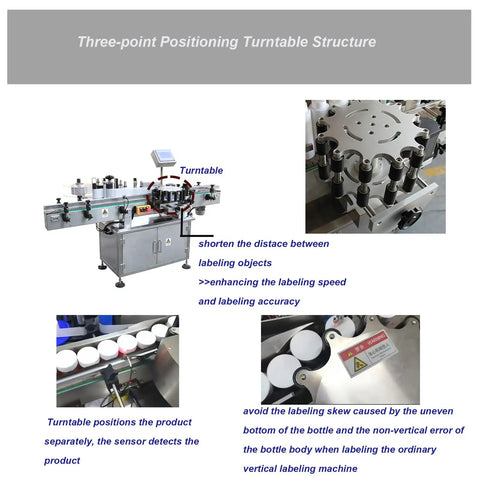 Heavy Duty Automatic Round Bottle Labeler With Quick Turntable And Smart Touchscreen Controls For Flawless Wrinkle Free Packaging And Hassle Free Operation Up To 3 Inch Bottles showing turntable structure and product positioning.