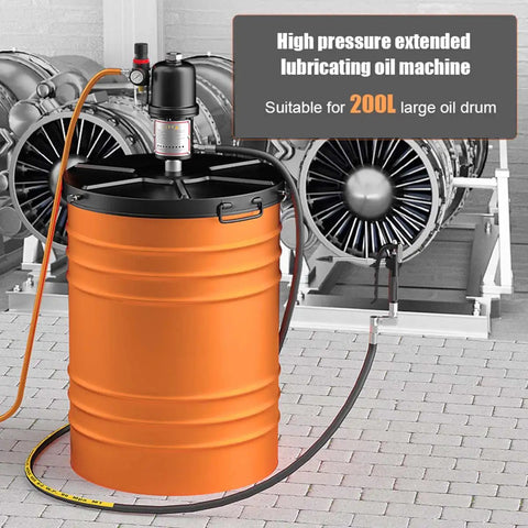 Heavy Duty Air Powered Grease Pump Is A True Heavy Hitter Delivering Knockout Eighty To One Pressure Ratio Includes No Nonsense Grease Gun Plus Twenty Foot Hose For Standard Drums on a 200L barrel