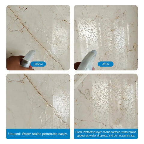 Before and after using Pro Grade Granite Marble Quartz Countertop Polishing Paste And Stainless Steel Scratch Remover on a marble surface.