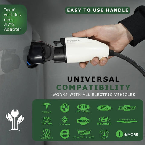 Person holding Level 2 EV Charger Portable 16 Amp 220 240V EVSE With 30 40 And 50 Foot Cables For All EVs And PHEVs 14-30P Plug