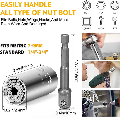 Crazy Handy Flexible Drill Bit Extension And Universal Socket Wrench Set With 105 Degree Right Angle Attachments shown with dimensions