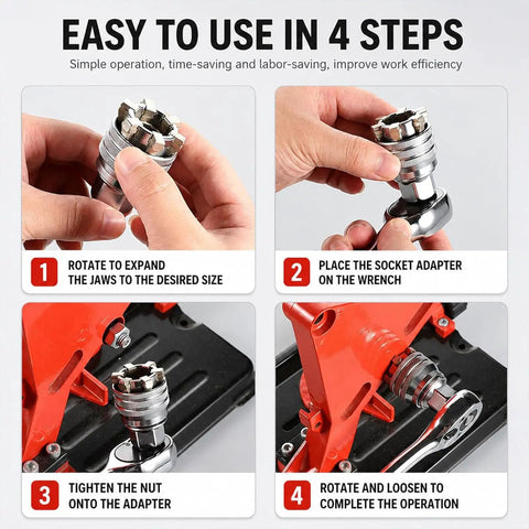 All Purpose Universal Socket Wrench Tool Set with Auto Adjusting Ten to Nineteen Millimeter Sockets for Easy Use in 4 Steps
