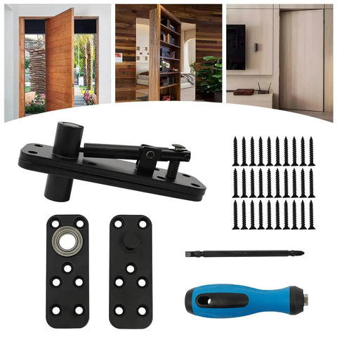 Built Tough Heavy Duty Black Invisible Door Hinges Featuring A Game Changing Rock Solid 360 Degree Swivel For Big Time Renovations and Top Shelf Hidden Pivot Hardware with installation tools and screws.