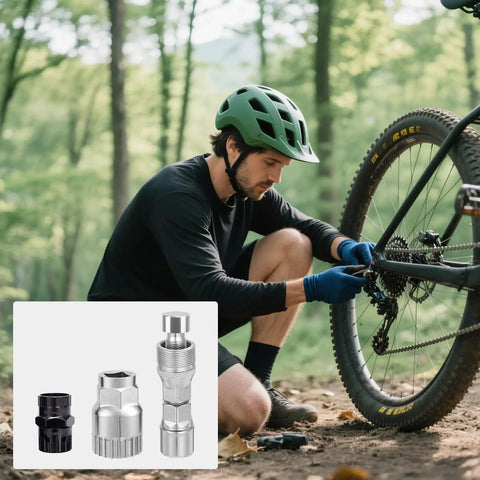 Cyclist using 3 Piece Bicycle Removal Tools Set for freewheel and cassette removal, crank puller, and bottom bracket tool.