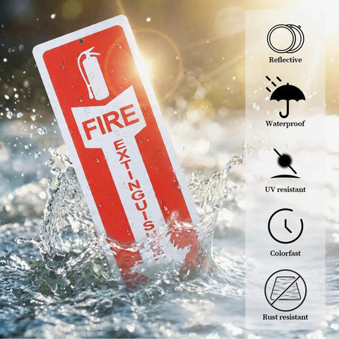 Top Shelf Two Pack Fire Extinguisher Signs Built Tough With Heavy Duty Stainless Steel For Crisp Wall Mount Safety Markings That Give Your Spot The Legit Compliance Vibe You Need in water with reflective quality.