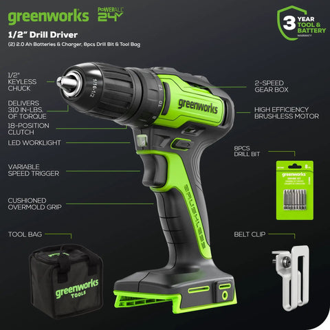 Beast Power Cordless 24V Brushless Drill Kit with Half Inch Keyless Chuck and 18+1 Clutch shown with accessories