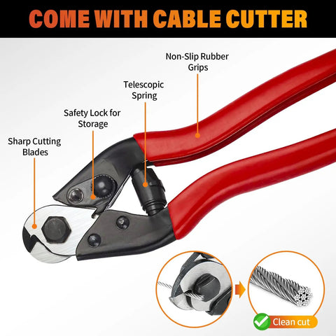 Close-up of cable cutter with Marine Grade T316 Stainless Steel Wire Rope Cable for Deck Railing System Kit, 100 Ft, 1/8 Inch