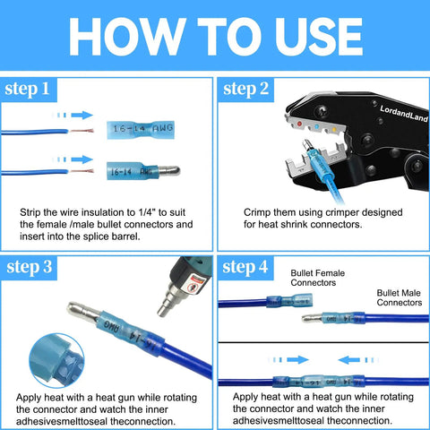 Step-by-step guide on using 120 Piece Heat Shrink Bullet Wire Connectors Kit 22 10AWG with a crimping tool and heat gun.