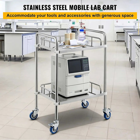 Stainless Steel Lab Rolling Cart Double Tier Mobile Utility Trolley With Smooth Swivel Wheels Crafted For Clinics Restaurants And Hospitals Hella Tough Real Deal with printer and supplies on upper shelf.