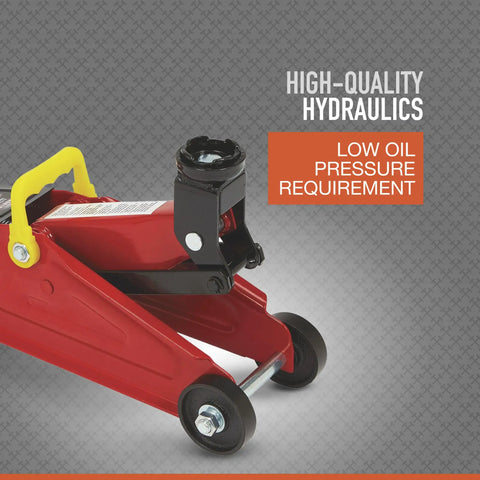 Smooth As Butter Hydraulic Trolley Jack With 2 Ton Load Rating showing low oil pressure requirement and sturdy design.