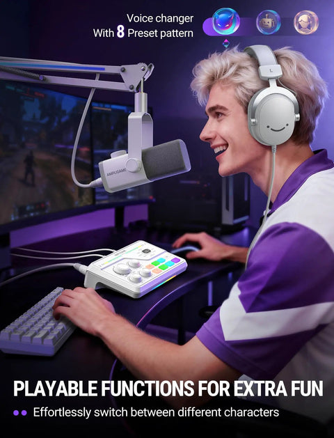 User with headphones and mic using Gaming Audio Mixer With 7 Point 1 Surround Sound, Volume Knob And Mute For Crisp Voice Chat