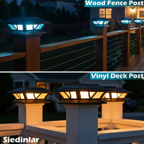 Solar Post Cap Lights For Outdoor Deck And Fence, Two Modes Warm White And Cool White, Black Finish on wood and vinyl posts at night.