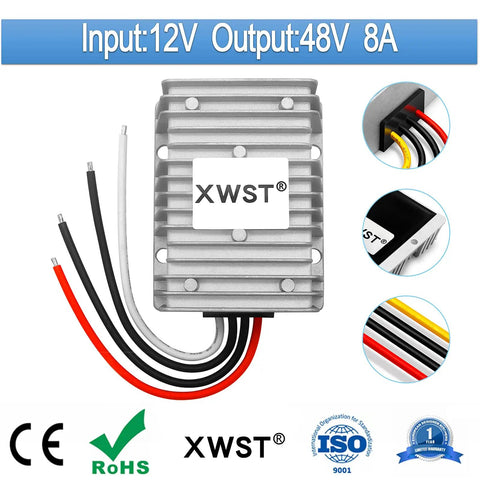 Beefy 12V To 48V DC Boost Converter Module 8A 384W Waterproof Power Supply with four colored wires and aluminum casing