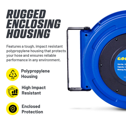 Air Hose Reel Retractable One Quarter Inch By Fifty Foot Premium Commercial Hybrid Flex Polymer Hose with polypropylene case